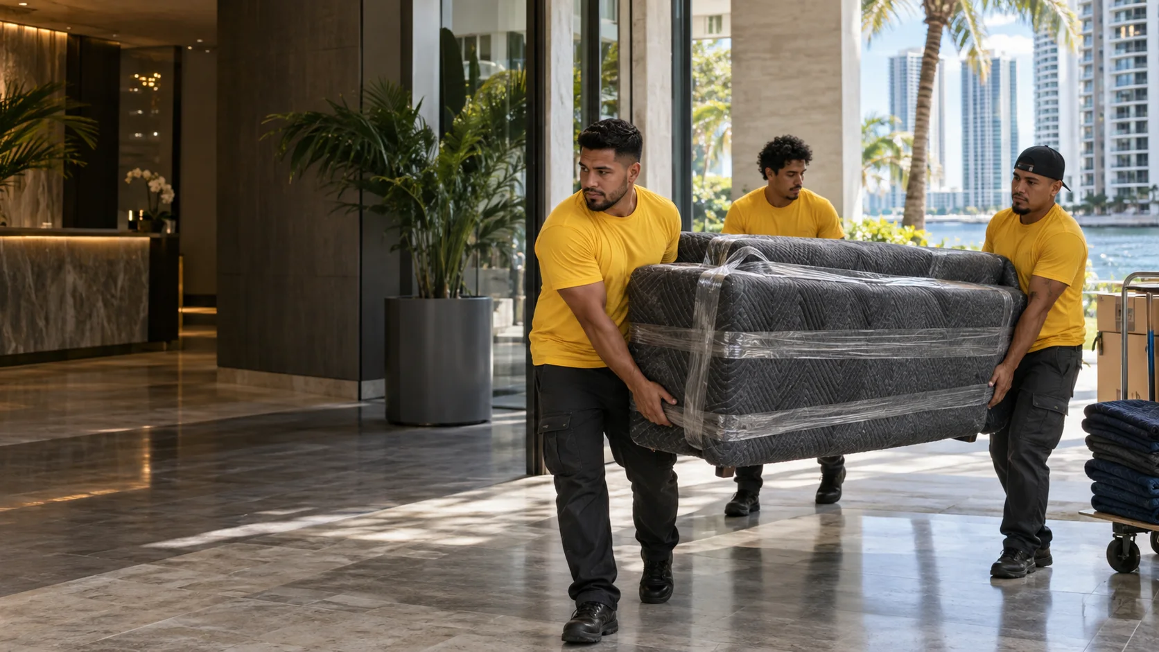 Kargus Moving crew carrying a protected sofa in a Miami condominium